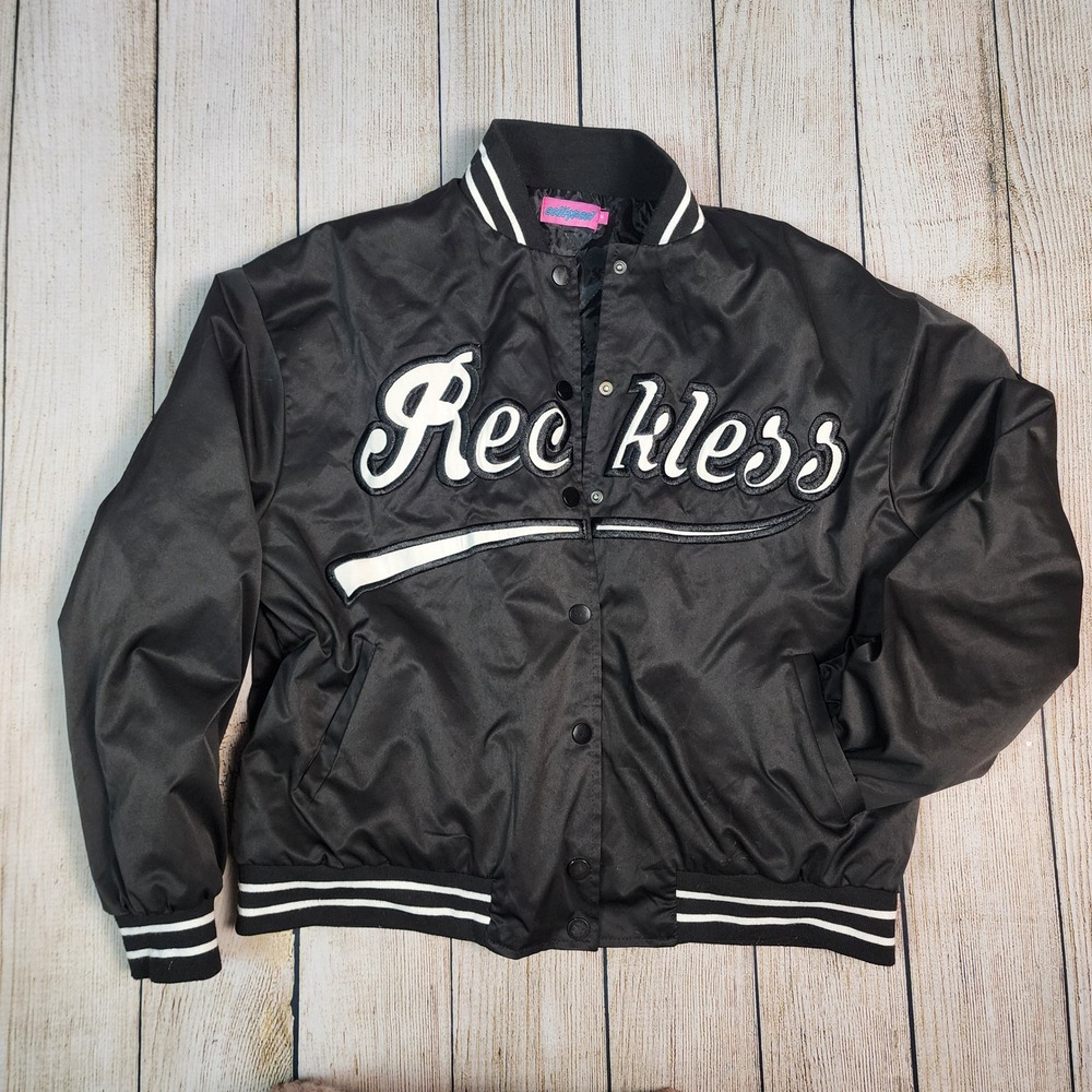 Edikted‎ Reckless Bomber Jacket Varsity Snap Front Black White Trim Medium